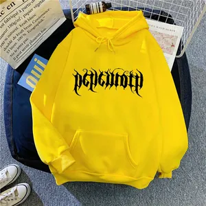 Vibrant yellow oversized hoodie featuring gothic art print and classic kangaroo pocket