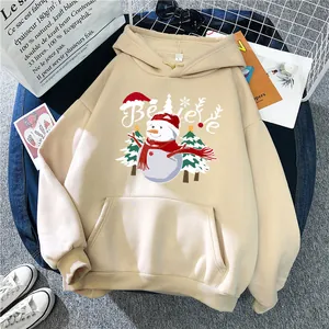 Beige loose hoodie with festive Believe snowman print and cozy kangaroo pocket