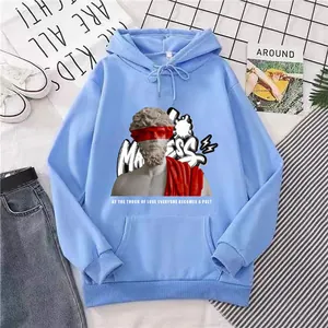 Light blue oversized hoodie with artistic sculpture print and street style graffiti graphics