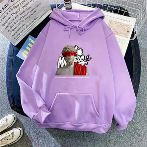 Flat lay of lilac oversized hoodie with artistic portrait print and kangaroo pocket