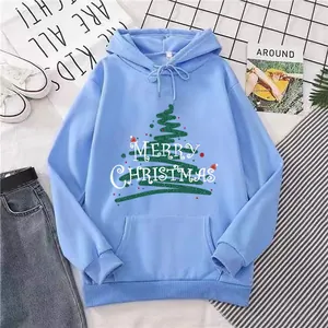 Merry Christmas Tree Print Fleece Lined Hooded Sweatshirt Women Loose Casual Long Sleeve Pullover Hoodie With Kangaroo Pocket Winter Top