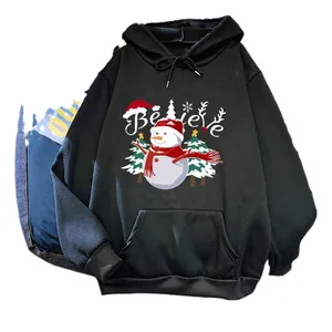 Black Christmas hoodie featuring Believe slogan, snowman print, and front kangaroo pocket