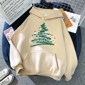 Women's apricot loose-fit hoodie with green Christmas tree print and kangaroo pocket