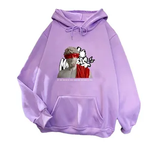 Casual purple oversized hoodie for women featuring artistic madness sculpture print