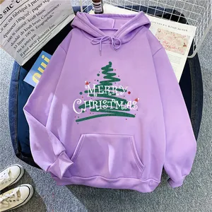 Lavender purple oversized hoodie featuring a Merry Christmas tree and kangaroo pocket