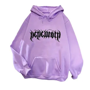 Loose fit lavender hoodie for women with gothic art print and kangaroo pocket