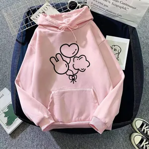 Detailed view of pink hoodie with bunny print, kangaroo pocket and drawstring hood