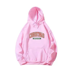 Pink fleece hoodie for women with Christmas 2023 print and cozy kangaroo pocket