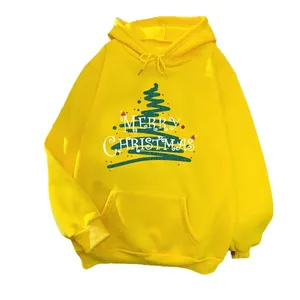 Yellow oversized hoodie with green Christmas tree print and Merry Christmas lettering
