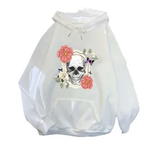 White oversized hoodie with vintage skull floral print and kangaroo pocket for women