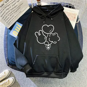 Oversized black hoodie for women featuring balloon prints and drawstring hood design
