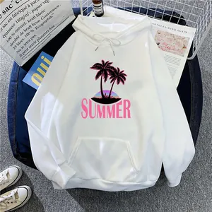 Women's white oversized hoodie with pink summer palm tree print and drawstring hood