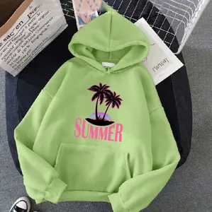 Detail of green hoodie featuring palm tree summer print and kangaroo pocket design