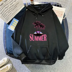 Detail of black fleece hoodie with pink Summer palm tree print and kangaroo pocket