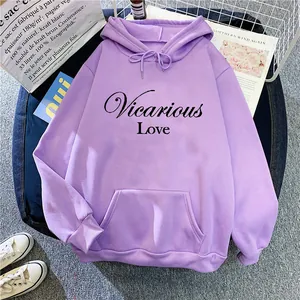 Flat lay of purple oversized hoodie with Vicarious Love print and front kangaroo pocket