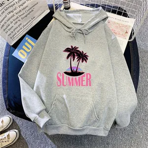 Detailed flat lay of gray hoodie with summer palm tree graphic and kangaroo pocket