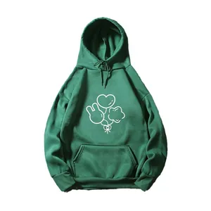 Women's dark green oversized fleece hoodie with balloon print and kangaroo pocket