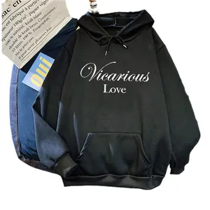 Women's black oversized hoodie with Vicarious Love print and drawstring hood detail