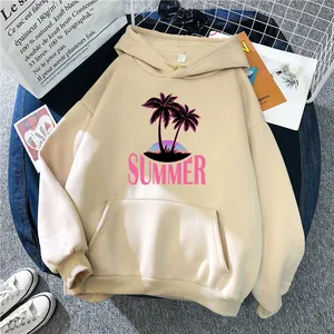 Detail of oversized apricot hoodie with pink Summer print and adjustable drawstring hood