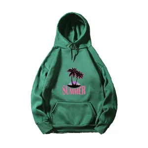 Women's dark green oversized fleece hoodie with pink Summer print and kangaroo pocket
