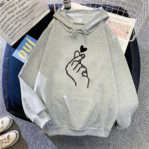 Women's light grey oversized hoodie with heart hand graphic and kangaroo pocket