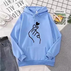 Detail of light blue hoodie featuring finger heart print and large kangaroo pocket