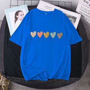 Women Casual Short Sleeve T-Shirt Loose Round Neck Heart Printed Leopard Pattern Polyester Top One Day At A Time Summer Tee