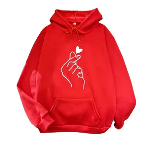 Oversized red fleece hoodie for women with heart finger print and front kangaroo pocket