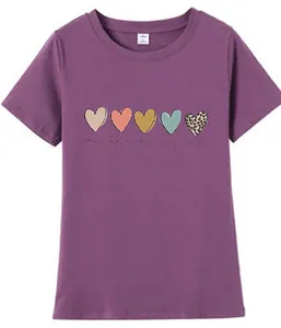 Close-up of purple t-shirt featuring five colorful printed hearts and script text
