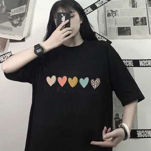 Fashionable black short-sleeve T-shirt with heart patterns and artistic typography