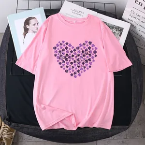 T-Shirt à Manches Courtes Oversize Décontracté pour Femmes Imprimé Floral Cœur Falling In Love Again Top Streetwear