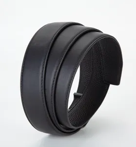Detailed view of black genuine leather belt with smooth front and lychee pattern inner