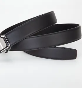 Detail of premium black leather belt showing stitching and sleek metal automatic buckle