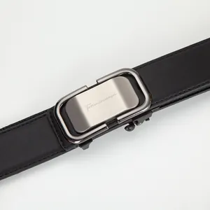 Men's leather business belt with brushed alloy automatic buckle and textured strap