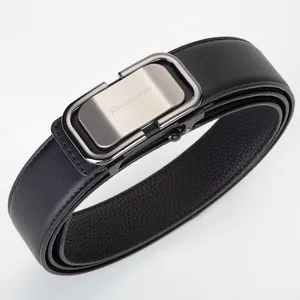 Classic black leather belt for men with silver automatic metal buckle and sleek design