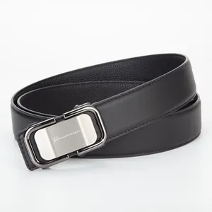 Classic men's black leather belt with a brushed silver automatic buckle for business suits