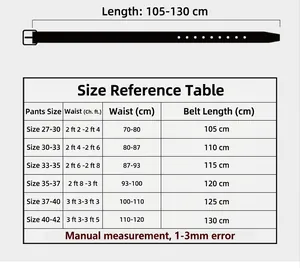 Size guide for men's leather belts showing measurements from 105cm to 130cm length