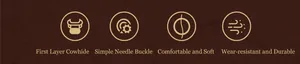 Infographic showing top grain cowhide material and durable pin buckle features