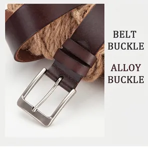 Close-up of classic silver alloy pin buckle on durable dark brown leather belt