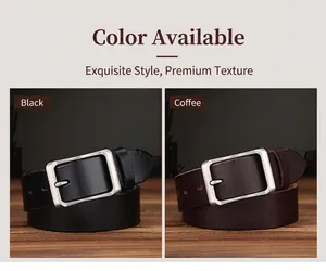 Detail view of black and coffee leather belts with brushed silver-gray metal buckles