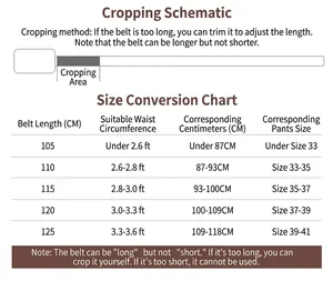 Size chart for men leather belt with detailed trimming instructions and waist measurements