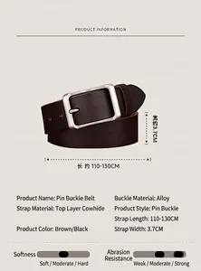 Detailed view of the 3.7cm wide men's leather belt with its sturdy alloy pin buckle