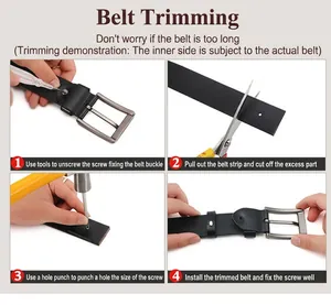 Detail showing belt length adjustment steps with detachable screw and silver buckle