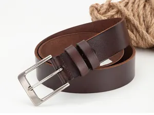 Classic men's brown leather belt featuring a matte brushed metal buckle and rustic rope