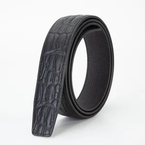 Lanière de Ceinture Homme en Cuir de Vachette Véritable Sans Boucle Noir Motif Arête Poisson Crocodile Compatible Boucle Automatique