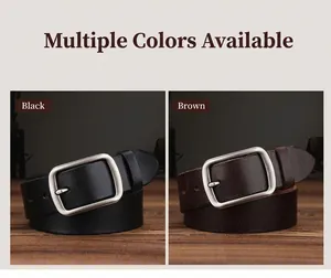 Detail view of genuine leather belts in black and coffee with matte silver pin buckles