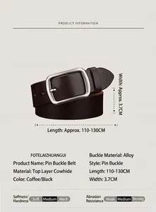 Detailed product information chart showing genuine leather belt specs and alloy buckle size