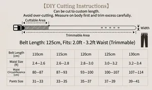 Size guide for men's leather belt with DIY trim instructions and measurement chart