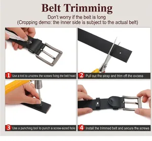 Step-by-step guide for trimming black leather belt with silver metal pin buckle
