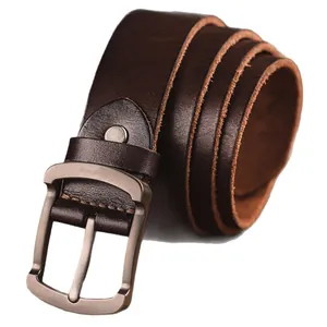 Classic men's brown genuine leather belt with retro metal buckle for casual business wear